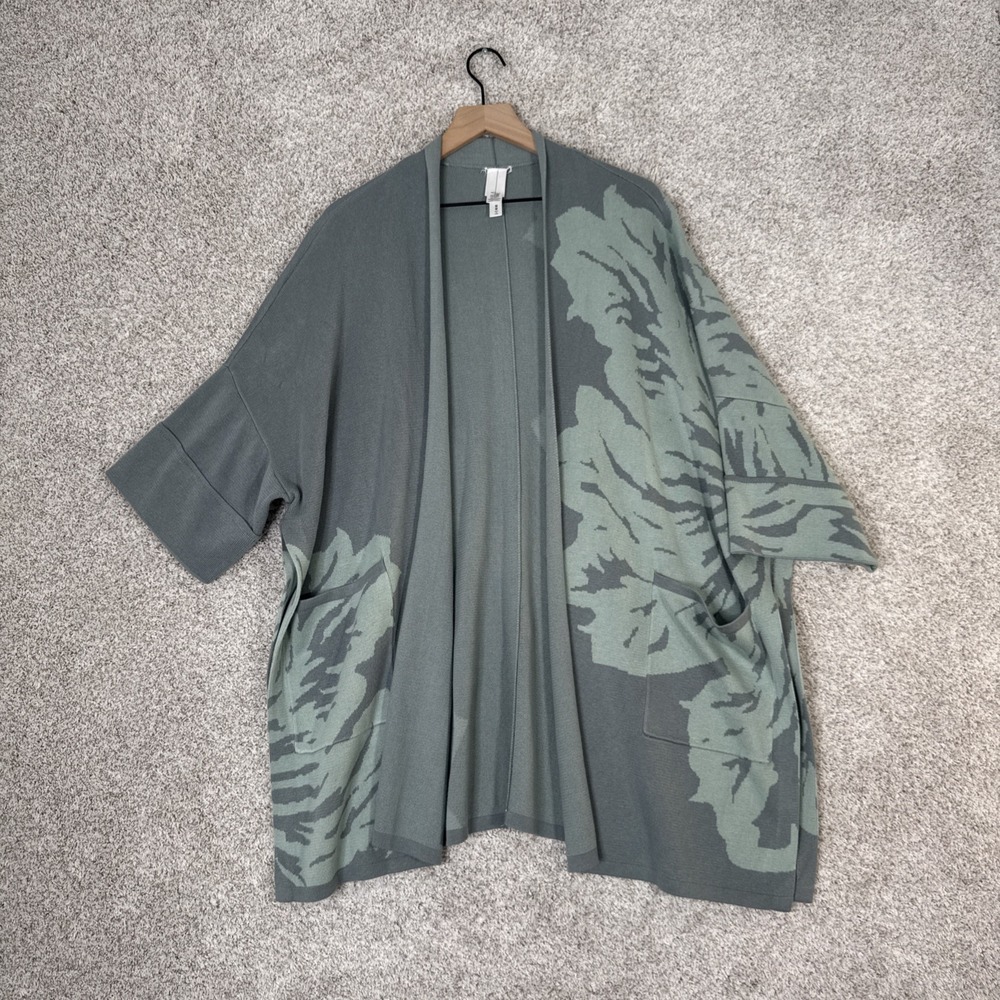 MarlaWynne Sweater Medium Blue/Gray Jacquard Knit Kimono‎ Leaf Topper Waterfall